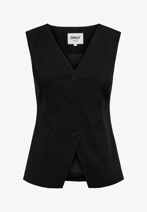 Gilet noir sans manches ajusté avec col en V et trois boutons devant, étiquette "ONLY" au col.