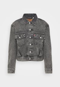 Giacca in denim nero sbiadito dal design corto, con colletto a punta, due tasche frontali e chiusura con bottoni. Tessuto strutturato.