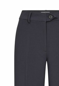 Dark navy trousers with a flat front, featuring a button closure, belt loops, and a smooth texture. Designed with side pockets and a tailored fit.