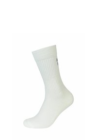 Calzino bianco in cotone con texture a coste, lunghezza alla caviglia e punta rinforzata. Design senza cuciture, semplice e funzionale senza motivi aggiuntivi.