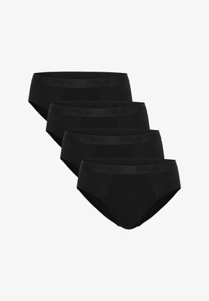 Cuatro calzoncillos negros de hombre apilados en diagonal con una cintura elástica con la marca que muestra el logo de Fila en negro.