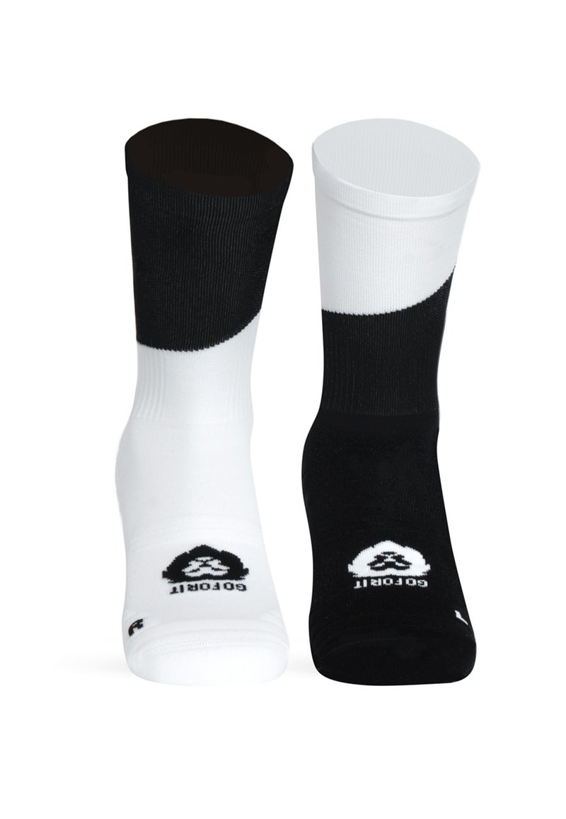 Černobílé crew ponožky s žebrovanou texturou. Každá ponožka má odlišnou barvu a na kotníku se nachází logo v kontrastní barvě.