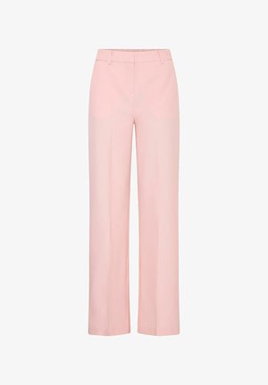 Light pink wide-leg trousers with a smooth texture, featuring a flat waistband and belt loops, tailored with side pockets and a zip fly.