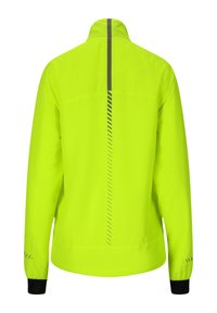 High-visibility neon yellow jacket with a sleek design, featuring a reflective stripe and black accent cuffs. Smooth, waterproof material.