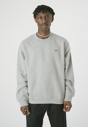 Grauer Pullover mit langen Ärmeln, geripptem Rundhalsausschnitt und kleinem schwarzem Logo auf der Brust. Das Material wirkt weich und texturiert.