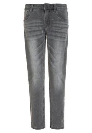 Grå straight-fit denimjeans med forlommer, bæltestropper, knaplukning og subtile falmede detaljer på lårene.