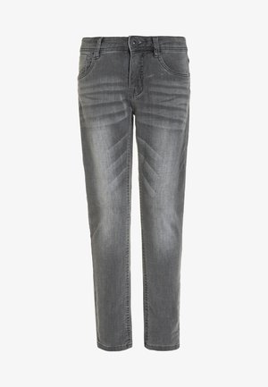 Jeans grigi a taglio dritto con tasche frontali, passanti per cintura, chiusura con bottoni e sottili dettagli sbiaditi sulle cosce.