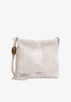 Beige crossbodytas met subtiel geometrisch patroon, verstelbare riem en een decoratieve bruine ovale hanger bij de metalen riemlus.