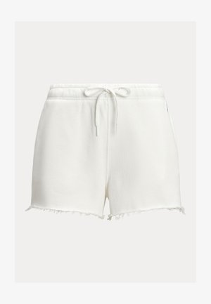 Białe bawełniane szorty ze ściągaczem w pasie, z postrzępionym wykończeniem i luźnym krojem. Miękka faktura o minimalistycznym wzornictwie.