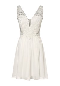 White dress featuring a deep V-neckline, lace trim, and a flared chiffon skirt. The bodice is adorned with intricate floral embroidery.