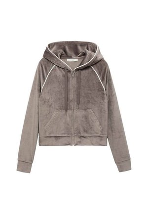 Hoodie corto grigio realizzato in morbido tessuto peluche. Caratterizzato da una zip frontale, due tasche laterali e piping bianco lungo le cuciture.