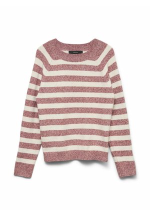 Red and cream striped sweater with a rounded neckline, long sleeves, slightly ribbed cuffs and hem, and a soft knit texture.