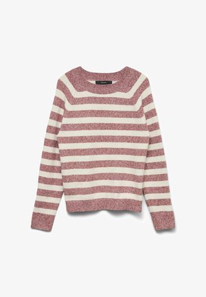 Pull rayé rouge et crème avec un col rond, des manches longues, des poignets et un ourlet légèrement côtelés, et une texture en tricot douce.