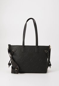 Black leather handbag with embossed floral and logo pattern, dual handles, adjustable shoulder strap, and gold-tone hardware.