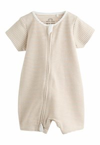 Barboteuse pour bébé à manches courtes, rayée beige et blanche, avec fermeture éclair avant et encolure ronde, en tissu doux.