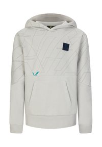 Felpa grigia chiara con cappuccio, tasca a marsupio, cappuccio con cordino, tessuto testurizzato e motivi geometrici con un logo a patch scuro a contrasto.