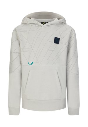 Jasnoszara bluza z kapturem, wyposażona w kieszeń kangurką, sznurkiem do regulacji kaptura, teksturowany materiał oraz geometryczne wzory z kontrastowym, ciemnym logo.