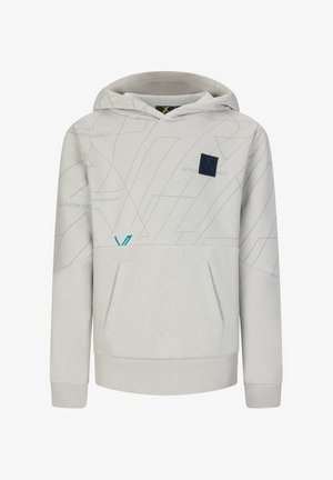 Felpa grigia chiara con cappuccio, tasca a marsupio, cappuccio con cordino, tessuto testurizzato e motivi geometrici con un logo a patch scuro a contrasto.