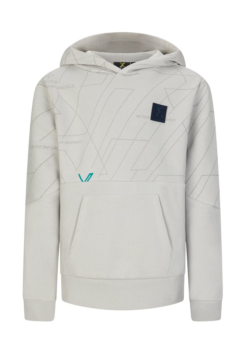 Felpa grigia chiara con cappuccio, tasca a marsupio, cappuccio con cordino, tessuto testurizzato e motivi geometrici con un logo a patch scuro a contrasto.