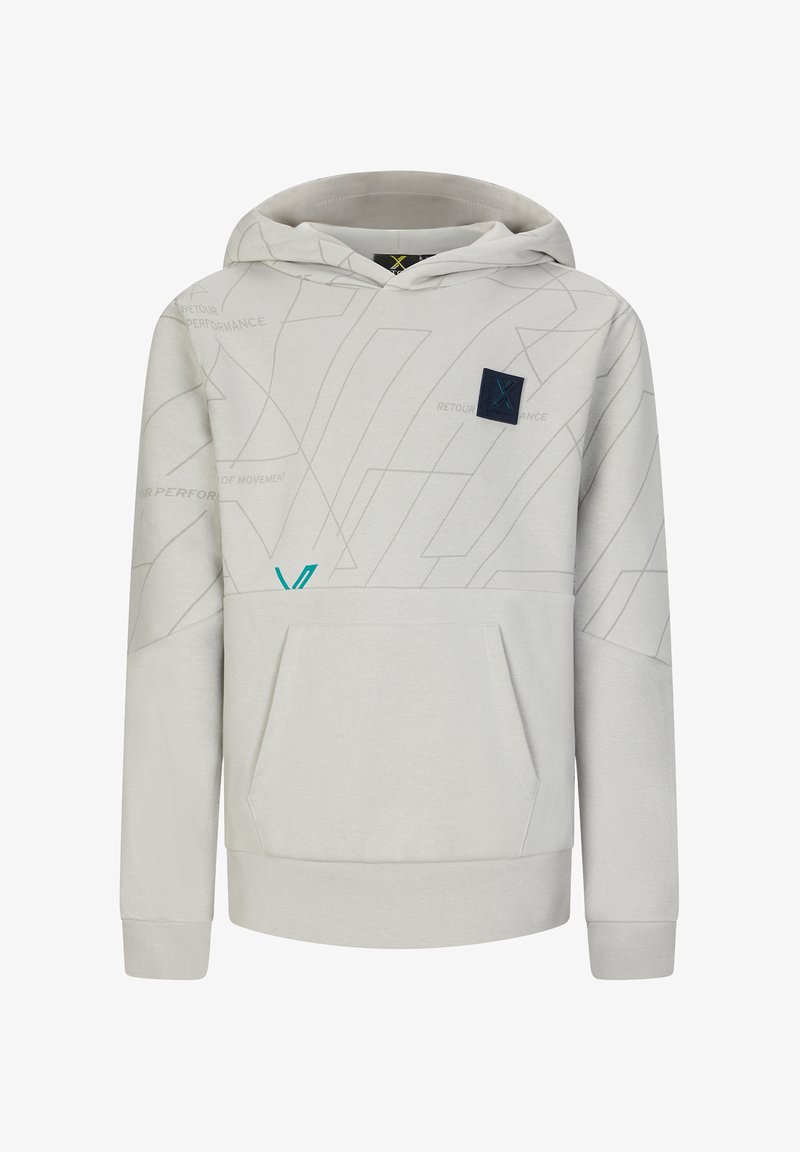 Felpa grigia chiara con cappuccio, tasca a marsupio, cappuccio con cordino, tessuto testurizzato e motivi geometrici con un logo a patch scuro a contrasto.