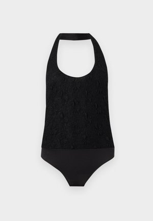 Black halter-neck bodysuit with textured floral lace on upper part and smooth fabric on bottom, displayed flat on white background.
