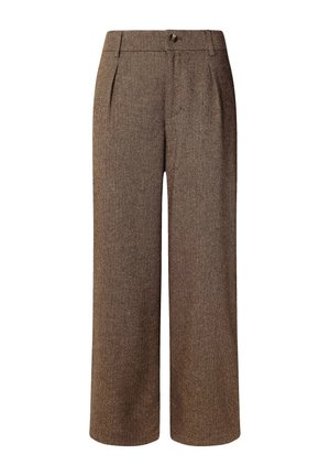 Pantalon en chevrons marron avec une coupe large, deux plis avant, fermeture à bouton et tissu texturé. Ajusté pour un fit décontracté.
