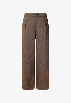 Bruine herringbone broek met een wijduitlopende pasvorm, twee voorplooiingen, knoopsluiting en een gestructureerde stof. Op maat gemaakt voor een ontspannen fit.