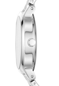 Orologio da polso in metallo argentato con cassa liscia e riflettente, forma rotonda e un piccolo dettaglio a corona sul lato. Design minimalista.