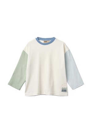 Camiseta de manga larga para niño pequeño con cuerpo color crema, manga izquierda verde, manga derecha azul claro, cuello azul y pequeño parche gráfico de ola en el dobladillo delantero.