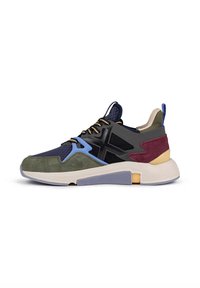 Multicolored sneakers featuring mesh, suede, and synthetic materials. Design includes a black geometric accent, navy, green, and maroon sections.
