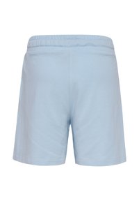 Helle blaue Baumwollshorts mit elastischem Bund, die eine glatte Textur und ein einfaches Design aufweisen. Keine Taschen oder sichtbaren Verzierungen.