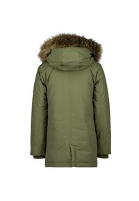 Olivově zelená parka s kapucí vyloženou kožešinou, vyrobená z odolného materiálu, s dlouhými rukávy a rovný střih pro teplo a zakrytí.