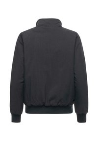 Zwarte bomberjack met een hoge kraag, ribgebreide manchetten en zoom. Gladde textuur, minimalistisch ontwerp en geen zichtbare hardware of accenten.