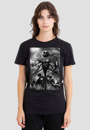 Black t-shirt featuring a gray-scale graphic of a skeletal figure with a large head, surrounded by nighttime scenery and shadowy characters.