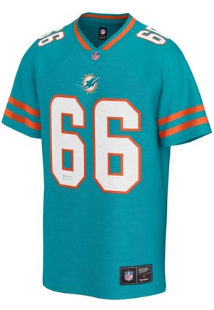 Turkooise Miami Dolphins voetbalshirt met nummer 66 in wit en oranje, NFL-logo op de kraag en een patch aan de onderlinkerkant.