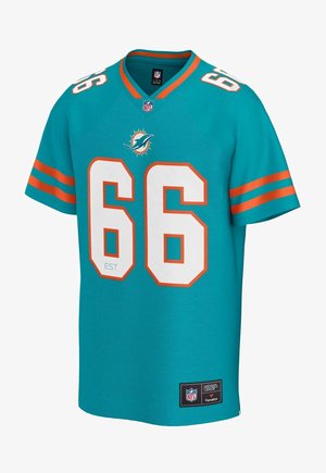 Camiseta de fútbol americano en color verde azulado de los Miami Dolphins con el número 66 en blanco y naranja, logo de la NFL en el cuello y parche en la parte inferior izquierda.