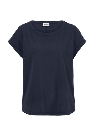 Marineblaues kurzärmeliges Baumwoll-T-Shirt mit umgeschlagenen Bündchen und rundem Ausschnitt, mit einem kleinen Markenlabel innen am Kragen.
