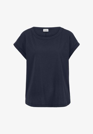 Marineblaues kurzärmeliges Baumwoll-T-Shirt mit umgeschlagenen Bündchen und rundem Ausschnitt, mit einem kleinen Markenlabel innen am Kragen.