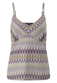 Flerfärgad linne med ett livfullt lövmönster i grönt, lila och rosa. Spaghettiband och v-ringad design. Mjuk tygstruktur.