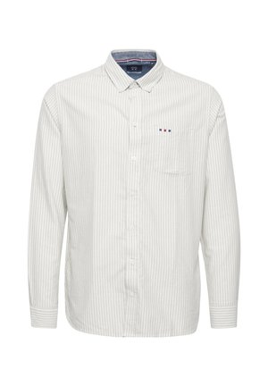 Srajca z dolgimi rokavi in gumbki v svetlo sivi barvi z belimi črtami, s žepom, okrašenim s trojnimi barvnimi logotipnimi akcenti in kontrastnim notranjim ovratnikom.