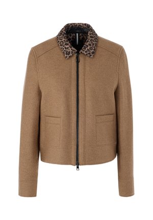 Brown wool blend jacket with a black zip and leopard print collar; features two front pockets and a structured design.