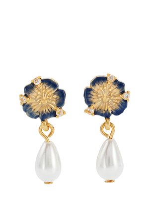 Gold flower-shaped earrings with dark blue details, small clear stones, and teardrop-shaped white pearl dangles.