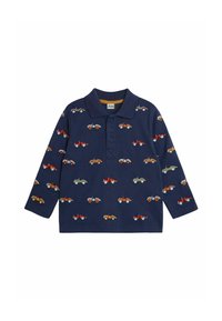 Langærmet polo-shirt i navy med farverig bilbroderi. Har en foldet krave og knaplukning foran. Blødt bomuldsstof.
