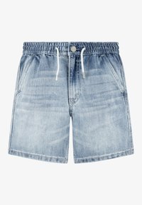 Ljusblå jeansshorts med resår i midjan, dragsko, två framfickor och avslappnad passform. Diskret blekning för textur.
