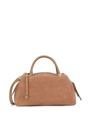 Geantă de mână din piele întoarsă maro cu textură de crocodil, formă structurată, mânere superioare, închidere cu fermoar și o curea de umăr ajustabilă.