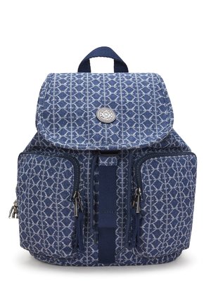 Blue fabric backpack with geometric white pattern, two front zip pockets, top flap with circular logo, and a carrying handle.