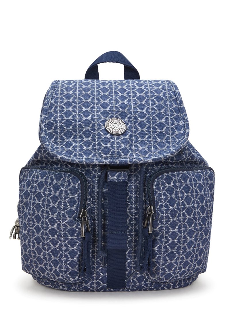 Blue fabric backpack with geometric white pattern, two front zip pockets, top flap with circular logo, and a carrying handle.