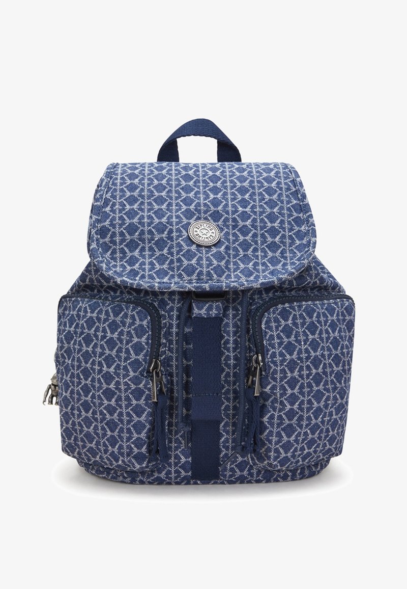 Blue fabric backpack with geometric white pattern, two front zip pockets, top flap with circular logo, and a carrying handle.