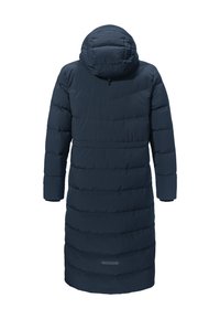 Langer navyblauer Daunenmantel mit Kapuze, mit horizontalen Steppnähten und geradem Saum. Hergestellt aus leichtem, isoliertem Material.