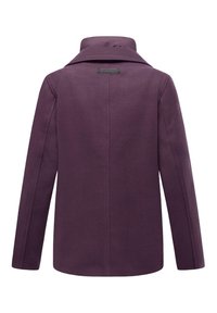 Manteau en laine violet avec un col haut, des manches longues et une coupe droite. Présente une couture au dos et une étiquette de marque à l'encolure.